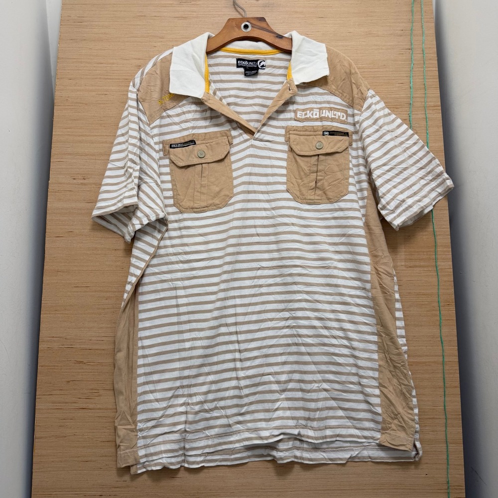 Ecko Unltd Mens XXXL Tan White Striped Short Sleeve Polo Shirt Utility Pockets